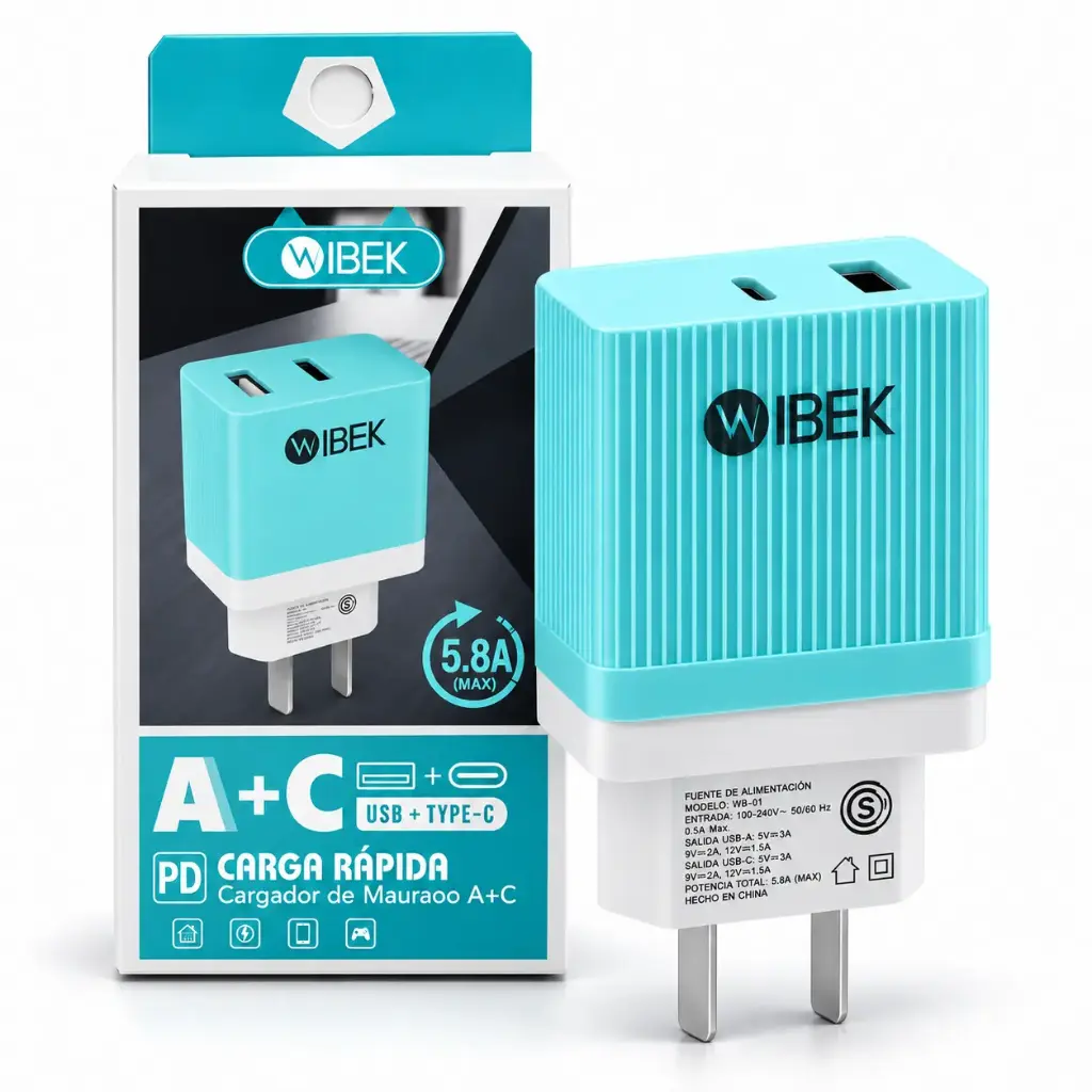 Cargador Tipo C + USB Ibek 5.8A