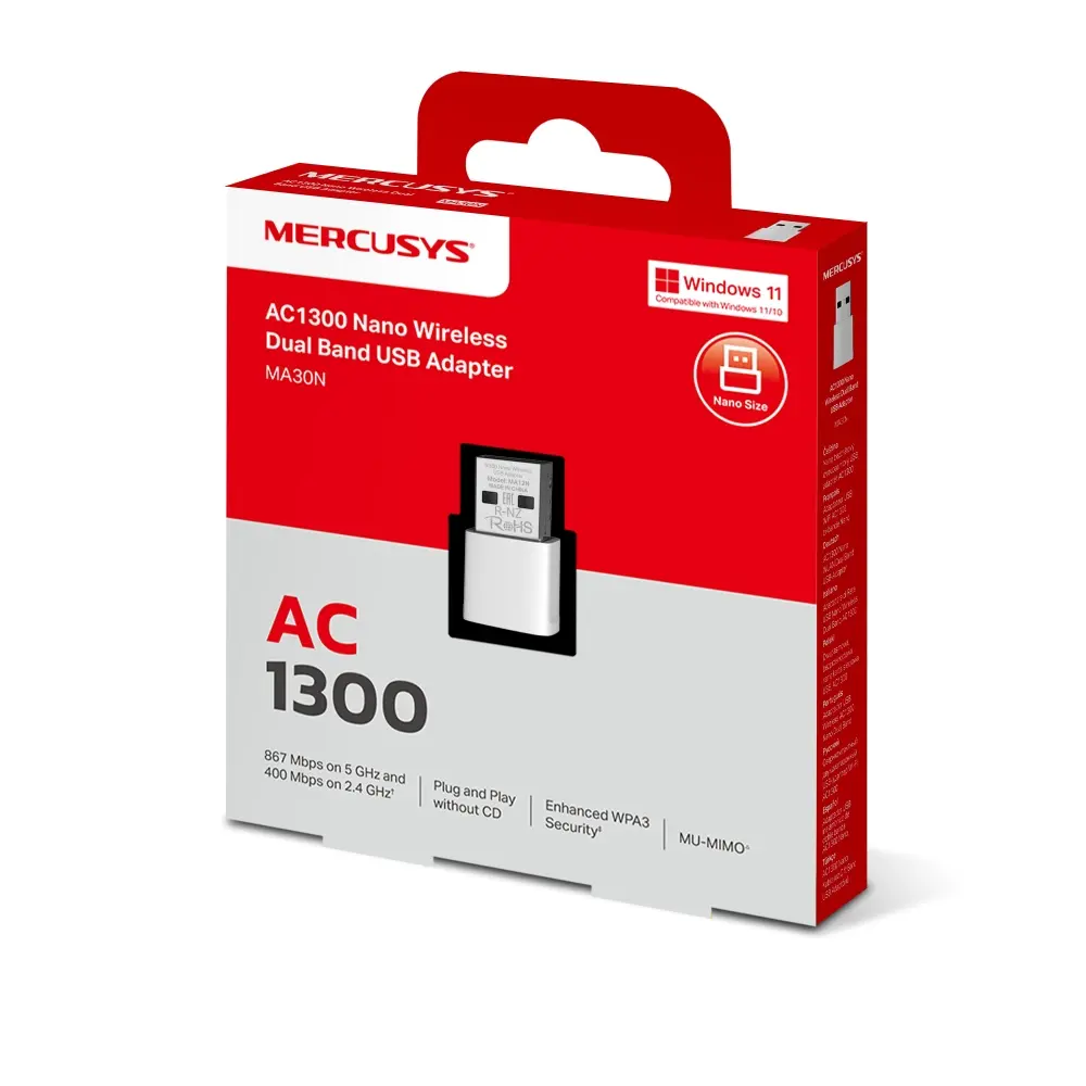 Placa De Red Inalambrica Nano Usb Mercusys Doble Banda MA30N AC1300