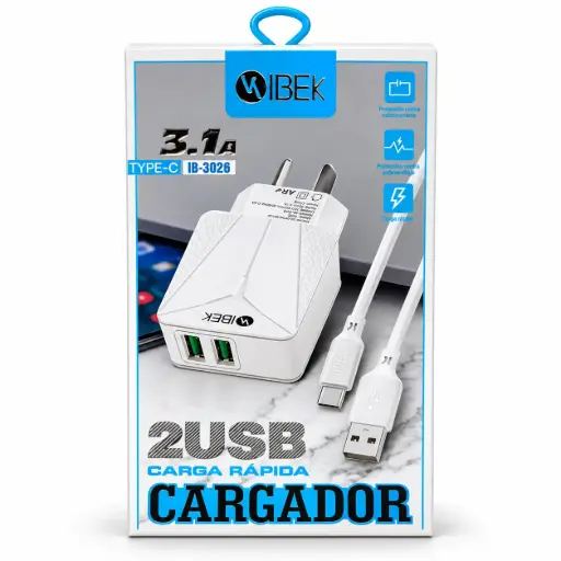 [6105] Cargador IBEK 3.1A USB x 2 + Cable Tipo C 