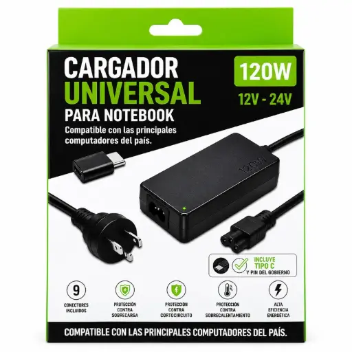 [6287] Cargador De Notebook Universal 120W (Incluye Tipo C)